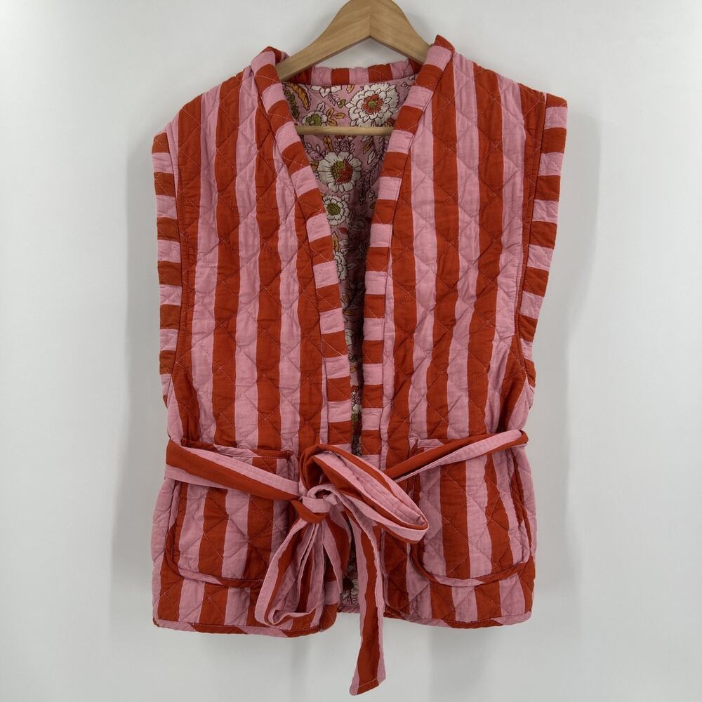 Handmade Quilted Cotton Vest Womens Size S/M Pink Red Striped Floral Lining Boho